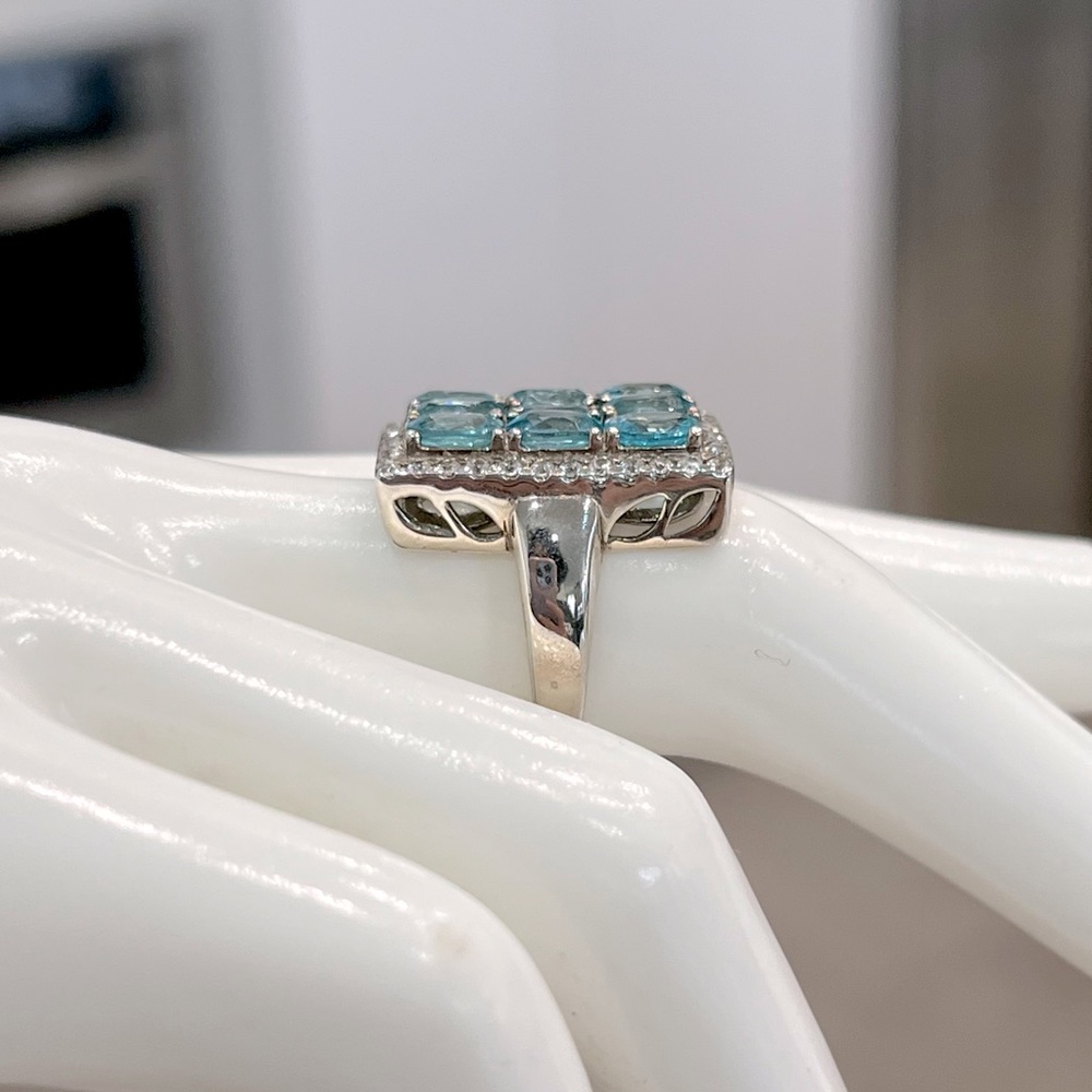 Cambodian Blue Zircon White Zircon Sterling Silver Rectangular Cluster R… - Picture 10 of 14